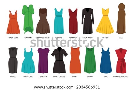 Different styles of dress icon Women dresses vector isolated on background Trendy Women's dress set, baby doll, caftan, empire, flapper, maxi, faux, tunic, panel, pinafore, shift, wrap dress collage