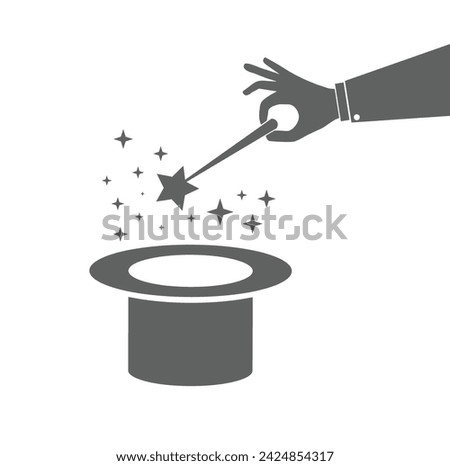 Wizard icon vector magic hat and hand symbol magic logo template doing magic vector design magic wand in the hand of a magician
