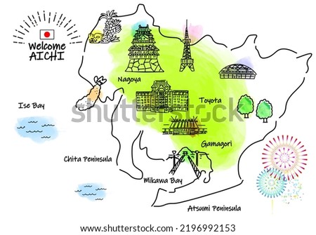 hand drawing AICHI JAPAN tourist spot map, vector