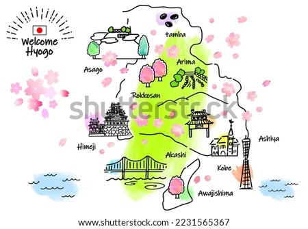 hand drawing HYOGO JAPAN in Spring tourist spot map, vector