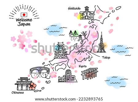 hand drawing JAPAN in Spring tourist spot map, pink, vector