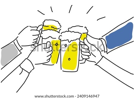 Hands of people toasting beer hand drawing illustration, vector