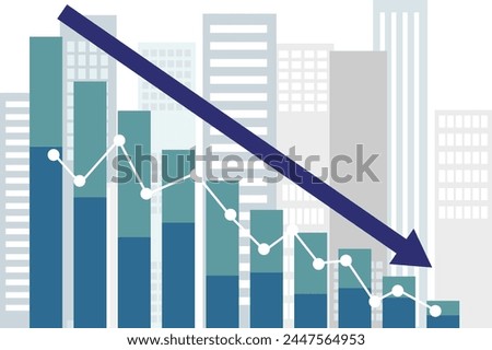 Skyscrapers and Graph with downward slope to the right flat illustration, vector