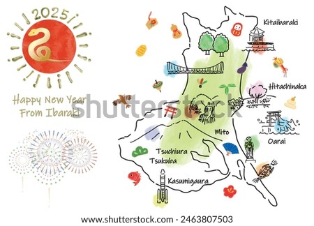 IBARAKI Japan travel map with landmarks and symbols. Hand drawn vector illustration.