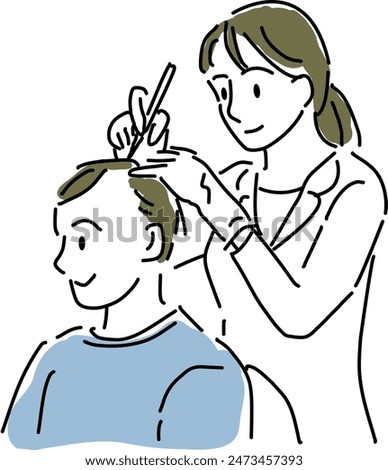 Female staff performing hair augmentation on men hand drawing illustration