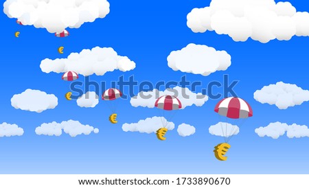 Euros falling from the sky, with clouds in background, in wide format. During a financial crisis, governments and welfare agencies offer financial assistance. 