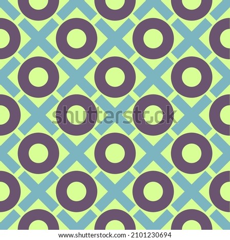 Teal, brown and light green colors used in X and O in geometric, modern, clean background. Patter is seamless and repeating.
