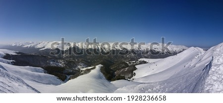 Panoramic winter  image from the mount oslea slopes to the godeanu and retezat mountains,romania Imagine de stoc © 