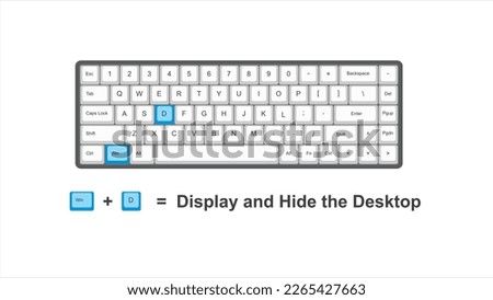 Vector control Win + D  =  Display and Hide the Desktop - keyboard shortcuts - windows with keyboard white and blue illustration and transparent background isolated Hotkeys