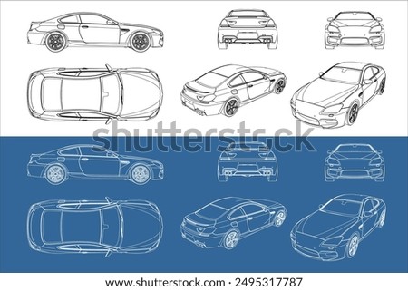 vector sport car line art draw blueprint wireframe from all different view isolated in transparent background