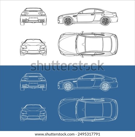 vector sport car line art draw blueprint wireframe from all different view isolated in transparent background