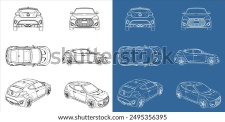 Set  Crossover Car blueprint or wireframe in outline. Vector illustration for vehicle template with all side and isolated in transparent background