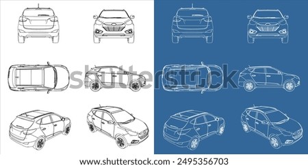 Set MPV Car blueprint in outline. Vector illustration vehicle template with all side and isolated in transparent background