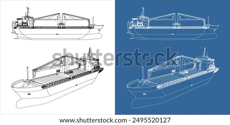 Set Container Cargo ship. Shipping Nautical Vessel International. transportation blueprint or wireframe outline. Vector illustration template with all sides isolated on a transparent background.