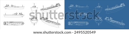 Set large cargo ship container outline vector. Blueprint wireframe line drawing for template with all side and isolated on transparent background