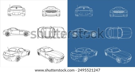 sport car coupe sedan all view drawing outlines. blueprint line wireframe concept with transparent background