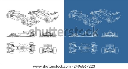 set of racing car line art draw blueprint wireframe from all side view. isolated on transparent background
