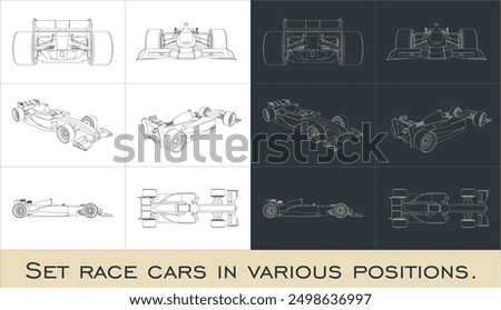 Set Outline of a Formula 1 race car from various angles. Vector blueprint isolated on a transparent background
