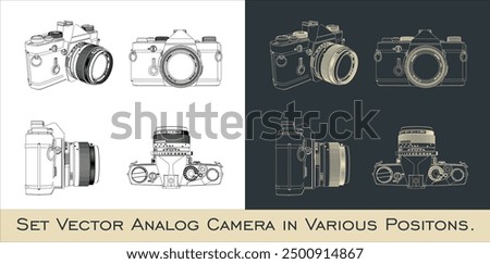 analog slr camera line drawing of old retro with telephoto lens. classic Vintage photography equipment blueprint wireframe from all view top corner side back isolated in transparent background