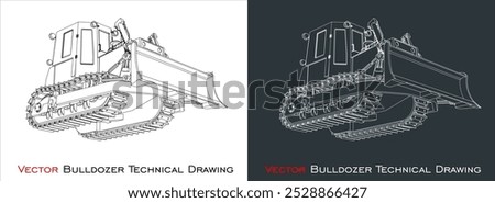 Vector bulldozer line blueprint wireframe technical drawing
