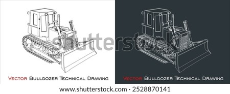 side view of bulldozer line blueprint wireframe technical drawing
