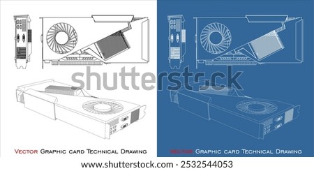 Vector GPU graphic card single fan line technical drawing blueprint isolated on transparent background 