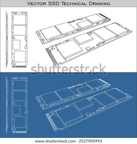 Vector NVMe SSD m.2 pcie Solid State Drive technical drawings line blueprint isolated on transparent background