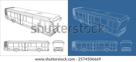 Bus line drawings blueprints technical vector. side view outline isolated on white background