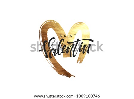 Saint Valentin. Golden heart, smear paint brush with bright sparkles. Greeting card, poster, banner, design element. vector illustration