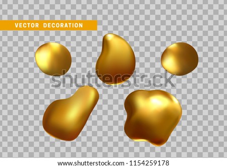 Gold nuggets isolated on a transparent background. Shape liquid drops with color golden gradient. Abstract 3d yellow fluid.