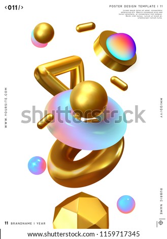 3d shape vector minimal poster. Abstract background with golden geometric elements.
