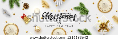 Christmas banner. Background Xmas objects viewed from above. Text Merry Christmas and happy New Year Stock foto © 