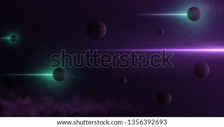 Planets 3d on background of stars and galaxy. Light abstract lines of gamma rays pass through space. fantastic themed pattern