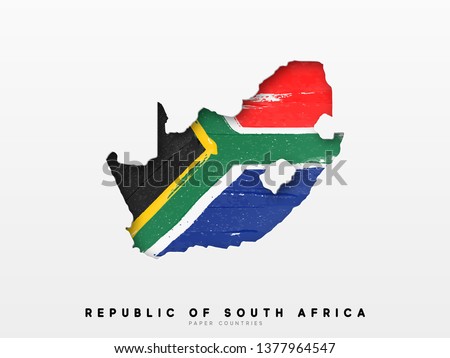 Republic of South Africa detailed map with flag of country. Painted in watercolor paint colors in the national flag.
