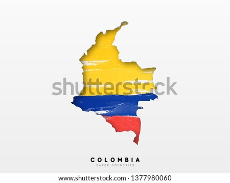 Colombia detailed map with flag of country. Painted in watercolor paint colors in the national flag.