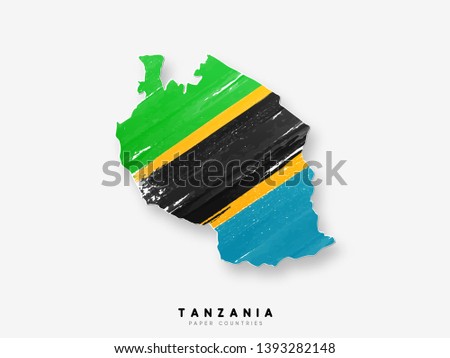 Tanzania detailed map with flag of country. Painted in watercolor paint colors in the national flag.