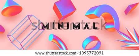 Abstract background with hologram gradient geometric elements. Objects 3d shape minimal poster. horizontal header border for website. vector illustration