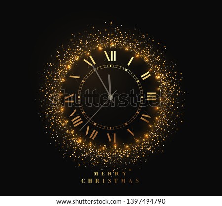 New Year shiny gold watch, five minutes to midnight. Merry Christmas. Xmas holiday. Glowing background with bright lights and golden sparkles. Design vector illustration