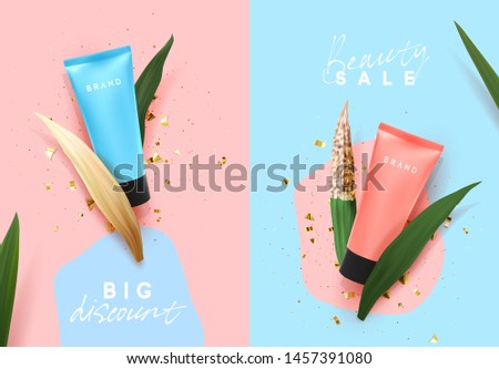 Cosmetic cream in blue and pink tube with tropical plants, Realistic Natural 3d leaves, dry and fresh. Cosmetics brand. Advertising banner, Sale poster. Flat view from top. Vector illustration
