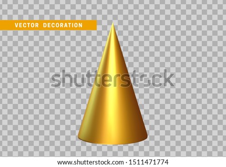 Sharp geometric cone cast volumetric. 3d Geometric Shapes Objects. Realistic geometry elements, color golden gradient. Render Decorative figure for design. vector illustration