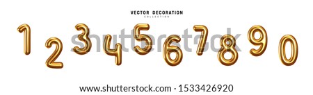 Golden Number Balloons 0 to 9. Yellow Volume 3d render numbers. Party, birthday, celebrate anniversary and wedding. Gold round font. Realistic design elements. Festive set isolated. vector 