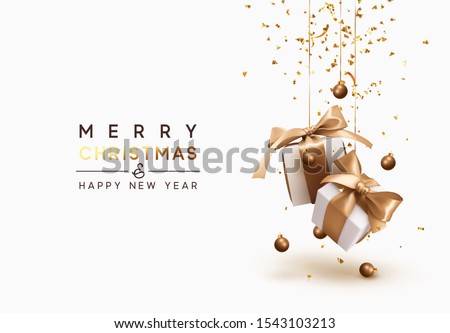 Merry Christmas and Happy New Year. Background with realistic 3d festive gifts box. Xmas present. white boxes with beige ribbon gift surprise, Golden Christmas baubles, balls, glitter gold confetti