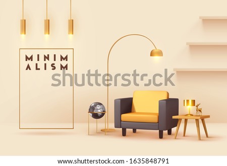 Interior design living room. Realistic wooden square table with gold lamp. Armchair yellow and black fabric. Hanging Golden Lamps. shelf on wall. Minimal composition 3d rendering. Vector illustration.