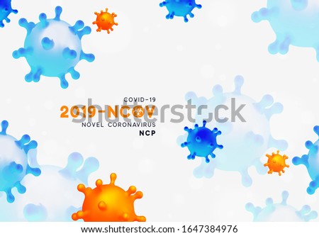 Novel Coronavirus (2019-nCoV). Virus Covid 19-NCP. Coronavirus nCoV denoted is single-stranded RNA virus. Background with realistic 3d blue and orange viral cells. danger symbol vector illustration.