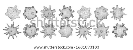 Set of different viral cells. Novel Coronavirus (2019-nCoV). Virus Covid 19-NCP. Coronavirus nCoV denoted is single-stranded RNA virus. Linear outline polygon mesh style. Vector illustration.