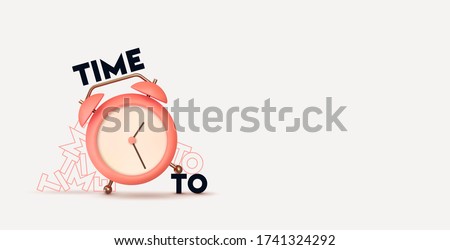 Clock 3d Vector. Pink Alarm clock realistic of plastic in soft pastel colors. Design Time to the watch. Object isolated on white background. Net space for your text