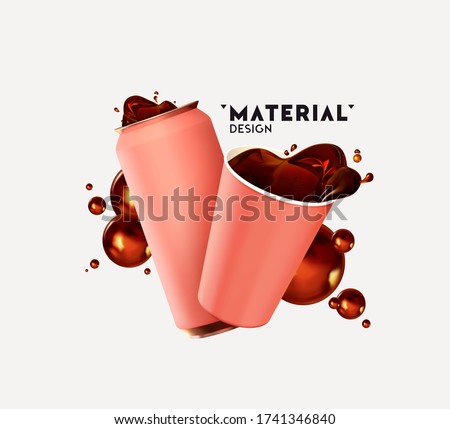 Realistic iron cans and Paper Cup with drink tea, coffee, spray, splashing fluid coke. Mock up for your design. 3d isolated objects on white background. Template banner, poster. Vector illustration