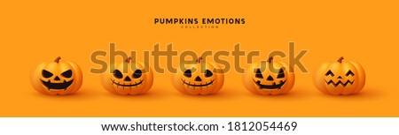 Set of pumpkin for holiday Halloween. Realistic 3d orange pumpkins with cut scary good joy smile. Collection of 3d objects. Design elements isolated on orange background. Vector illustration