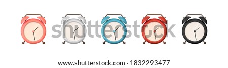 Realistic set of Table Clock. 3d alarm Clock. Classic timer time. Isolated on white background.  red and white, black and blue, brown pink color. Vector illustration