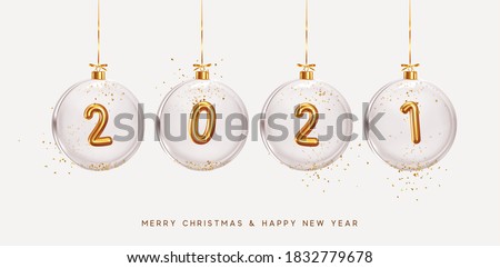 2021 Happy New Year. Golden metal number in glass bauble, Christmas decoration. Realistic 3d render metallic sign. Xmas Poster, banner, cover card, brochure flyer, layout design. Easy to edit for 2022